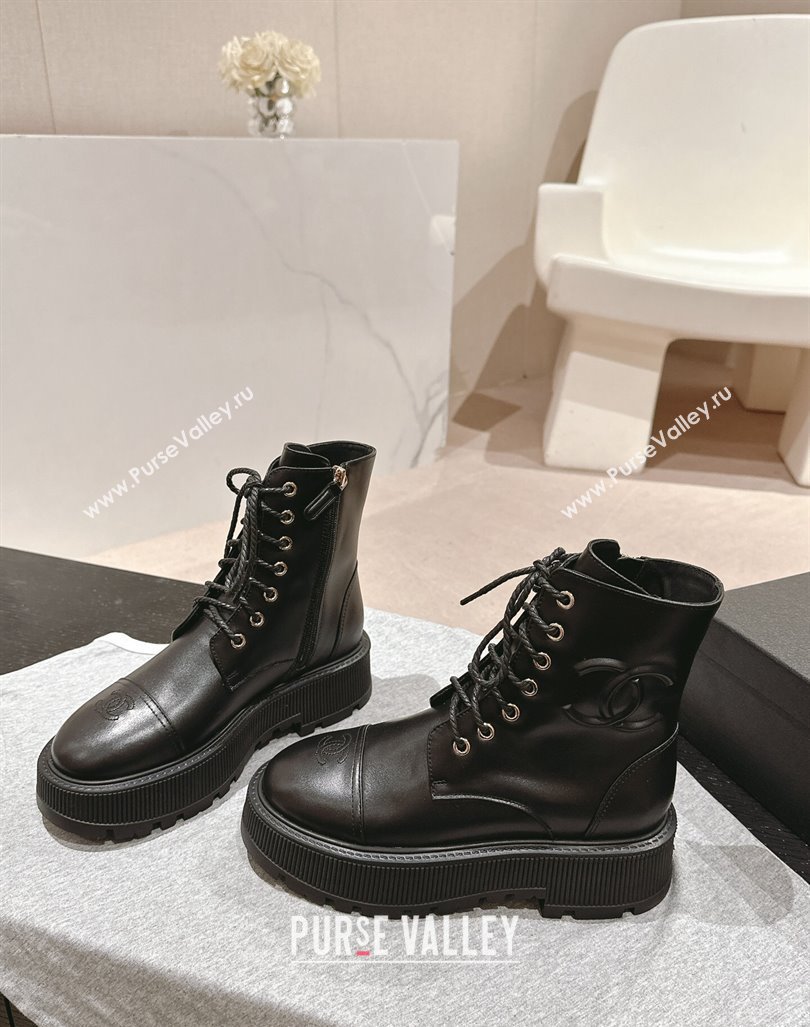 Chanel Calfskin Leather Lace-up Platform Ankle Boots 5cm with Side CC Black 2024 CH090905 (MD-241015114)