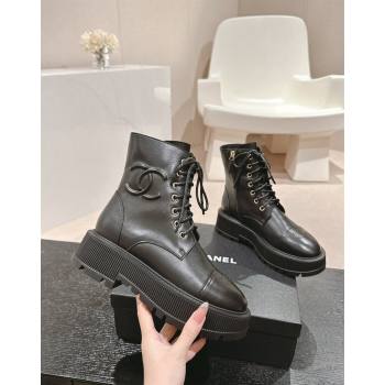 Chanel Calfskin Leather Lace-up Platform Ankle Boots 5cm with Side CC Black 2024 CH090905 (MD-241015114)