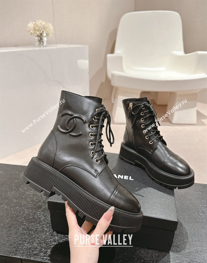 Chanel Calfskin Leather Lace-up Platform Ankle Boots 5cm with Side CC Black 2024 CH090905 (MD-241015114)