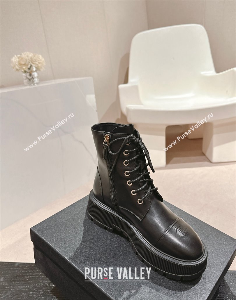 Chanel Calfskin Leather Lace-up Platform Ankle Boots 5cm with Side CC Black 2024 CH090905 (MD-241015114)