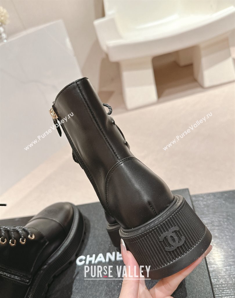 Chanel Calfskin Leather Lace-up Platform Ankle Boots 5cm with Side CC Black 2024 CH090905 (MD-241015114)