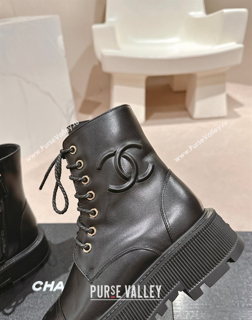 Chanel Calfskin Leather Lace-up Platform Ankle Boots 5cm with Side CC Black 2024 CH090905 (MD-241015114)