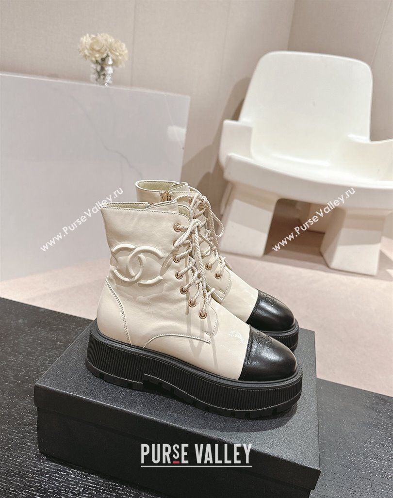 Chanel Shiny Calfskin Lace-up Platform Ankle Boots 5cm with Side CC White 2024 CH090905 (MD-241015115)