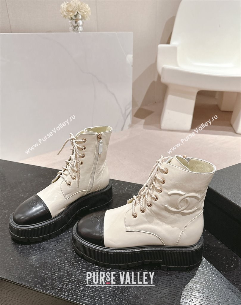 Chanel Shiny Calfskin Lace-up Platform Ankle Boots 5cm with Side CC White 2024 CH090905 (MD-241015115)