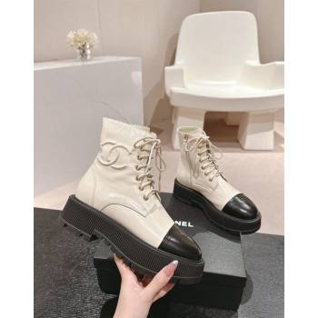 Chanel Shiny Calfskin Lace-up Platform Ankle Boots 5cm with Side CC White 2024 CH090905 (MD-241015115)