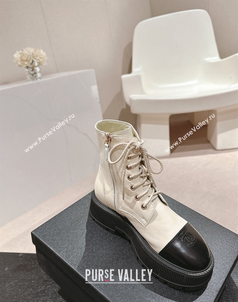 Chanel Shiny Calfskin Lace-up Platform Ankle Boots 5cm with Side CC White 2024 CH090905 (MD-241015115)