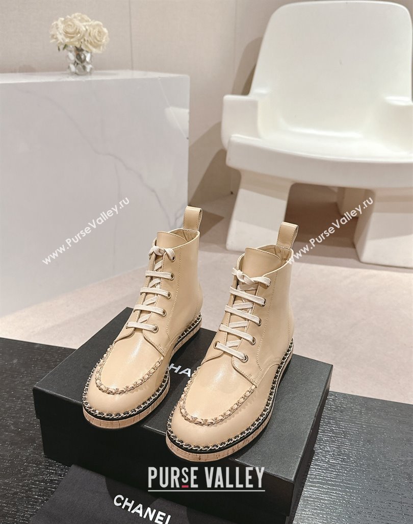 Chanel Calfskin Wood lace-up Ankle Boots with Chain Beige 2024 CH101613 (MD-241016049)