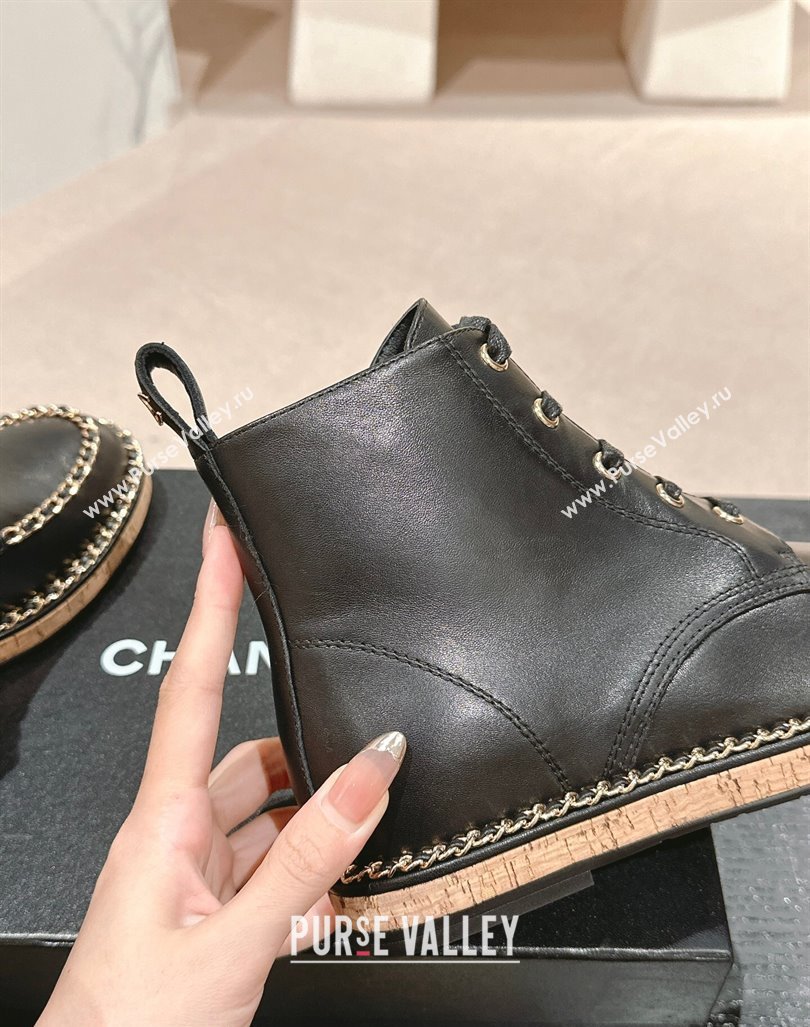 Chanel Calfskin Wood lace-up Ankle Boots with Chain Black 2024 CH101613 (MD-241016050)