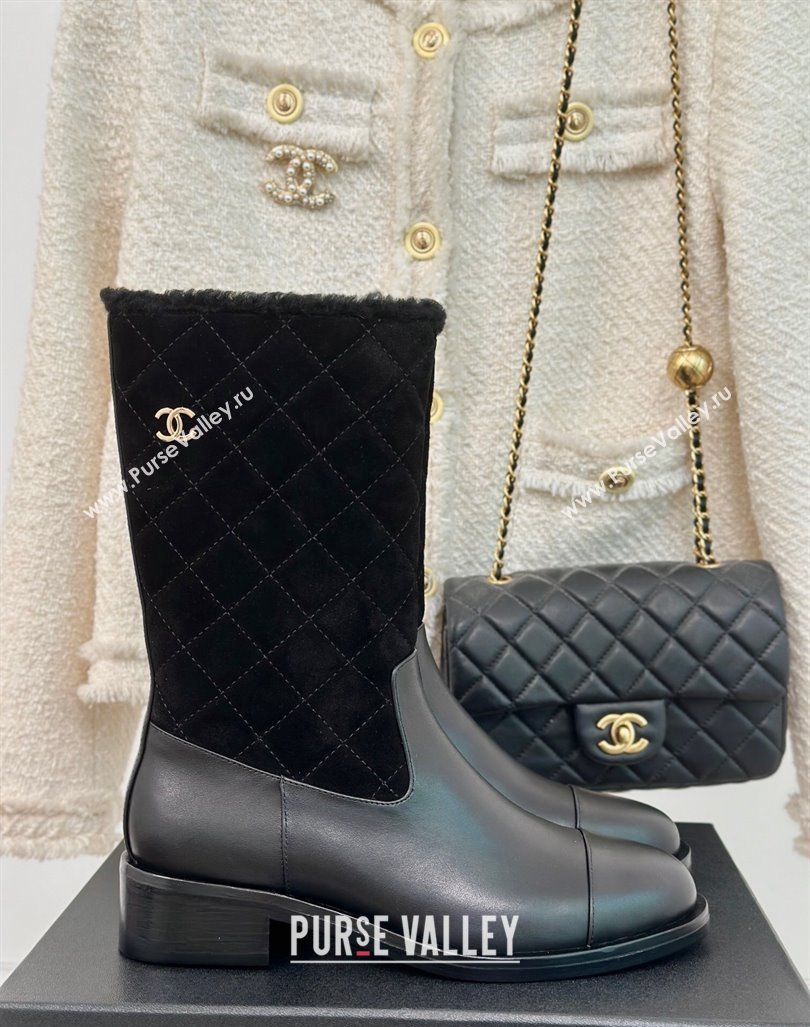 Chanel Quilted Suede and Leather Medium Boots Black 2024 CH101502 (MD-241015075)