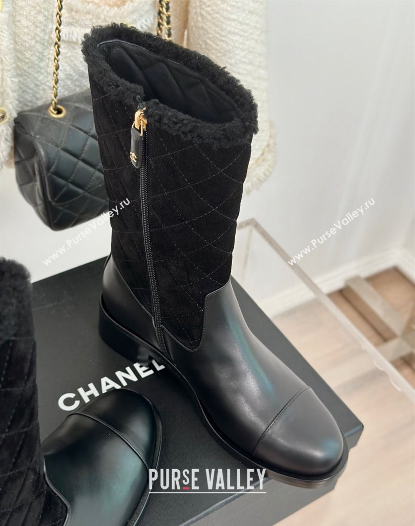 Chanel Quilted Suede and Leather Medium Boots Black 2024 CH101502 (MD-241015075)