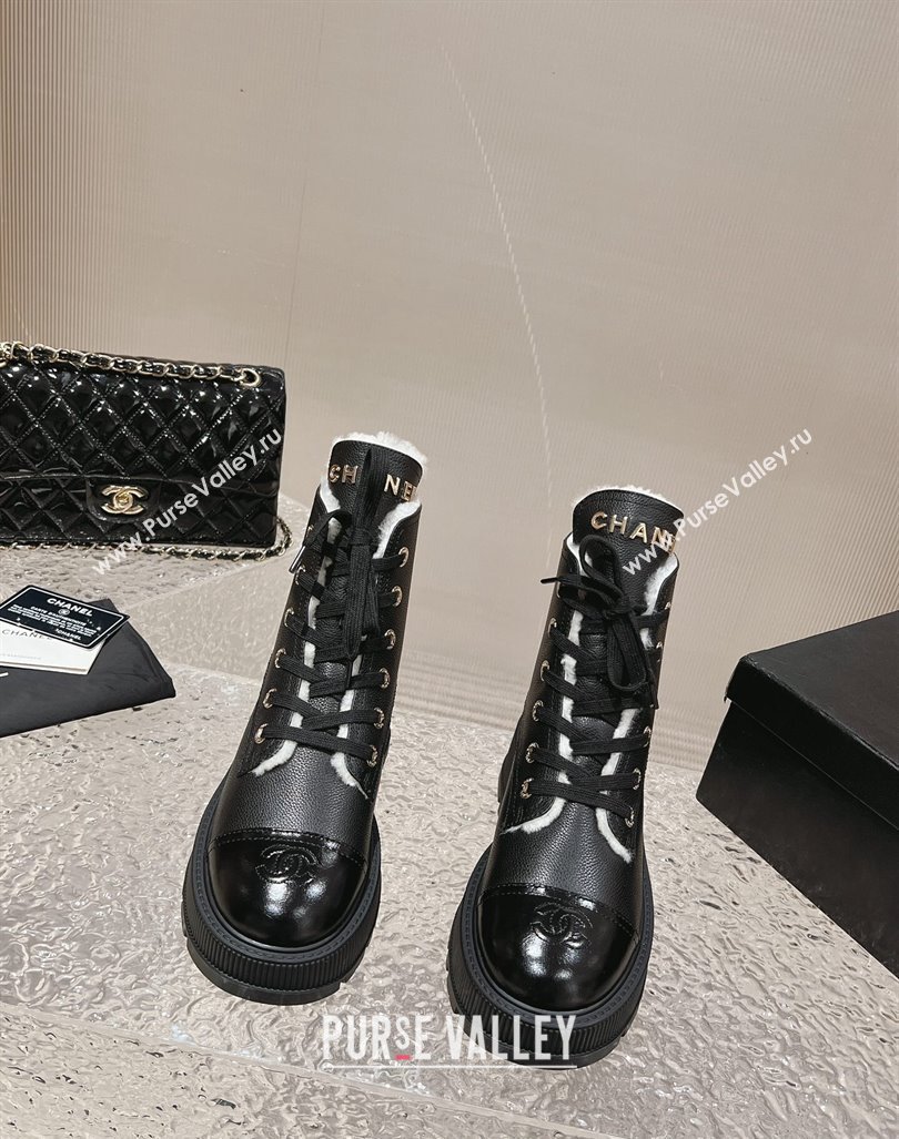 Chanel Calfskin and Wool Lace-up Platform Ankle Boots 5cm Black 2024 CH090905 (MD-241015110)