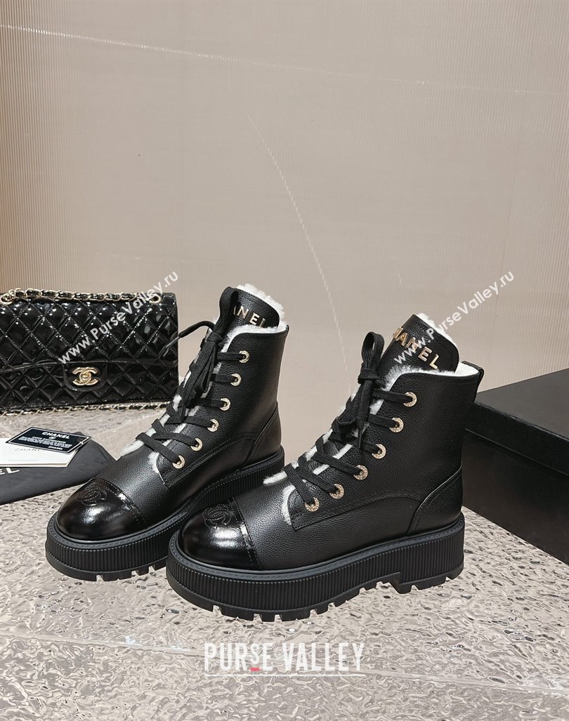 Chanel Calfskin and Wool Lace-up Platform Ankle Boots 5cm Black 2024 CH090905 (MD-241015110)