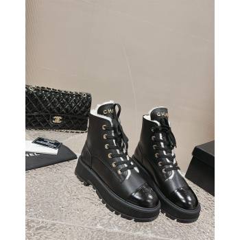 Chanel Calfskin and Wool Lace-up Platform Ankle Boots 5cm Black 2024 CH090905 (MD-241015110)