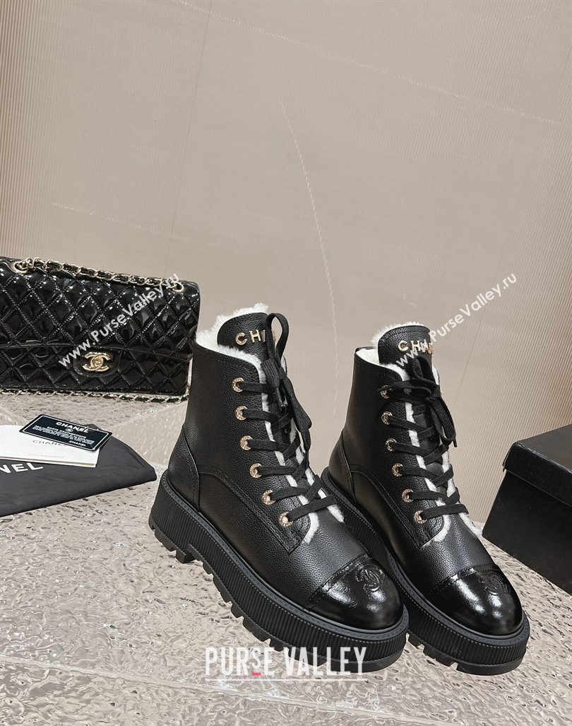 Chanel Calfskin and Wool Lace-up Platform Ankle Boots 5cm Black 2024 CH090905 (MD-241015110)