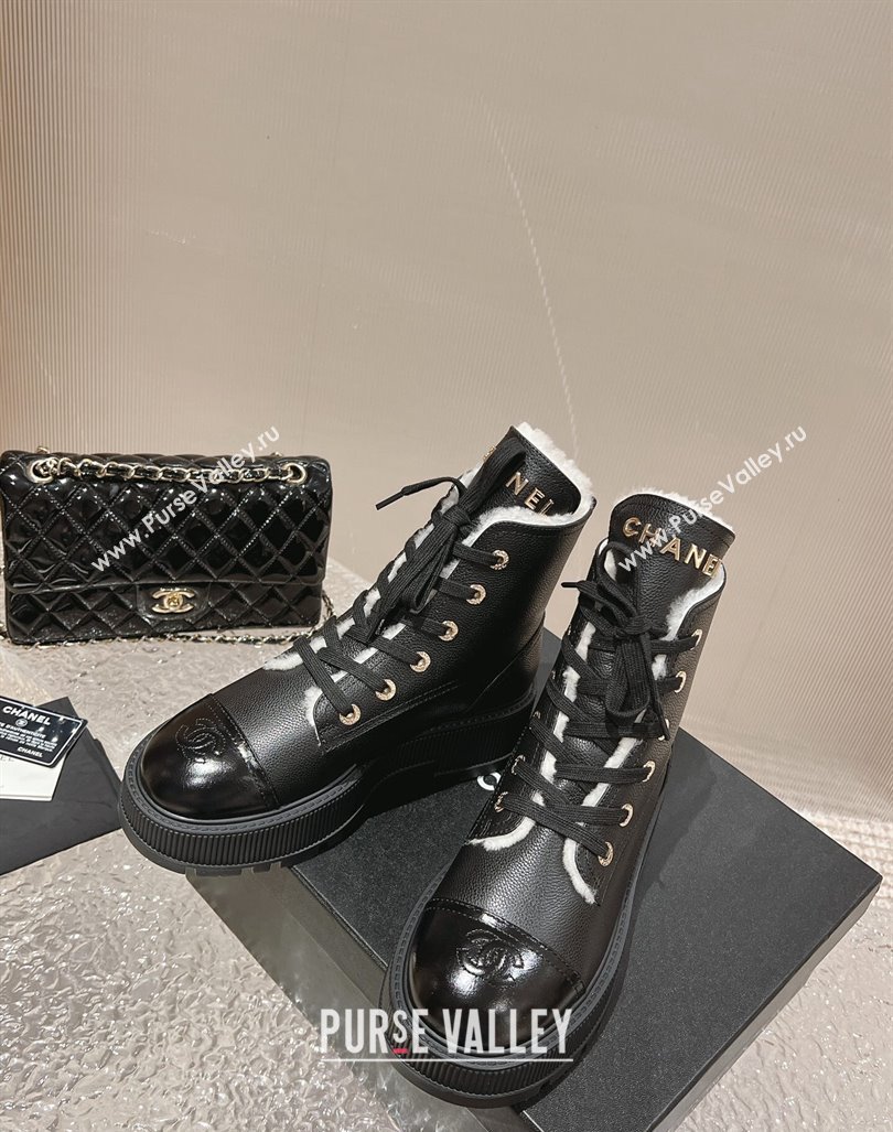 Chanel Calfskin and Wool Lace-up Platform Ankle Boots 5cm Black 2024 CH090905 (MD-241015110)