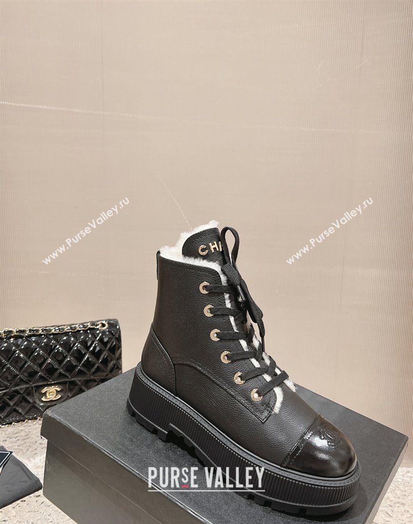 Chanel Calfskin and Wool Lace-up Platform Ankle Boots 5cm Black 2024 CH090905 (MD-241015110)