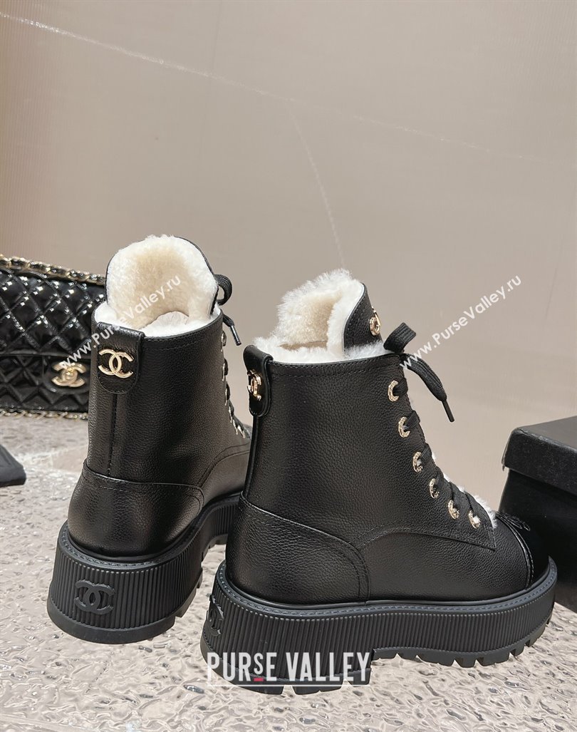 Chanel Calfskin and Wool Lace-up Platform Ankle Boots 5cm Black 2024 CH090905 (MD-241015110)