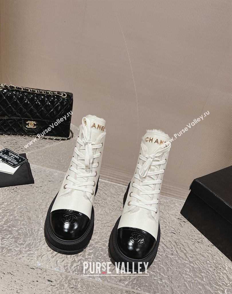 Chanel Calfskin and Wool Lace-up Platform Ankle Boots 5cm White 2024 CH090905 (MD-241015111)