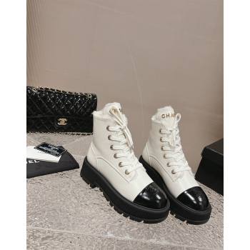 Chanel Calfskin and Wool Lace-up Platform Ankle Boots 5cm White 2024 CH090905 (MD-241015111)