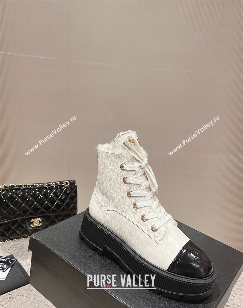 Chanel Calfskin and Wool Lace-up Platform Ankle Boots 5cm White 2024 CH090905 (MD-241015111)