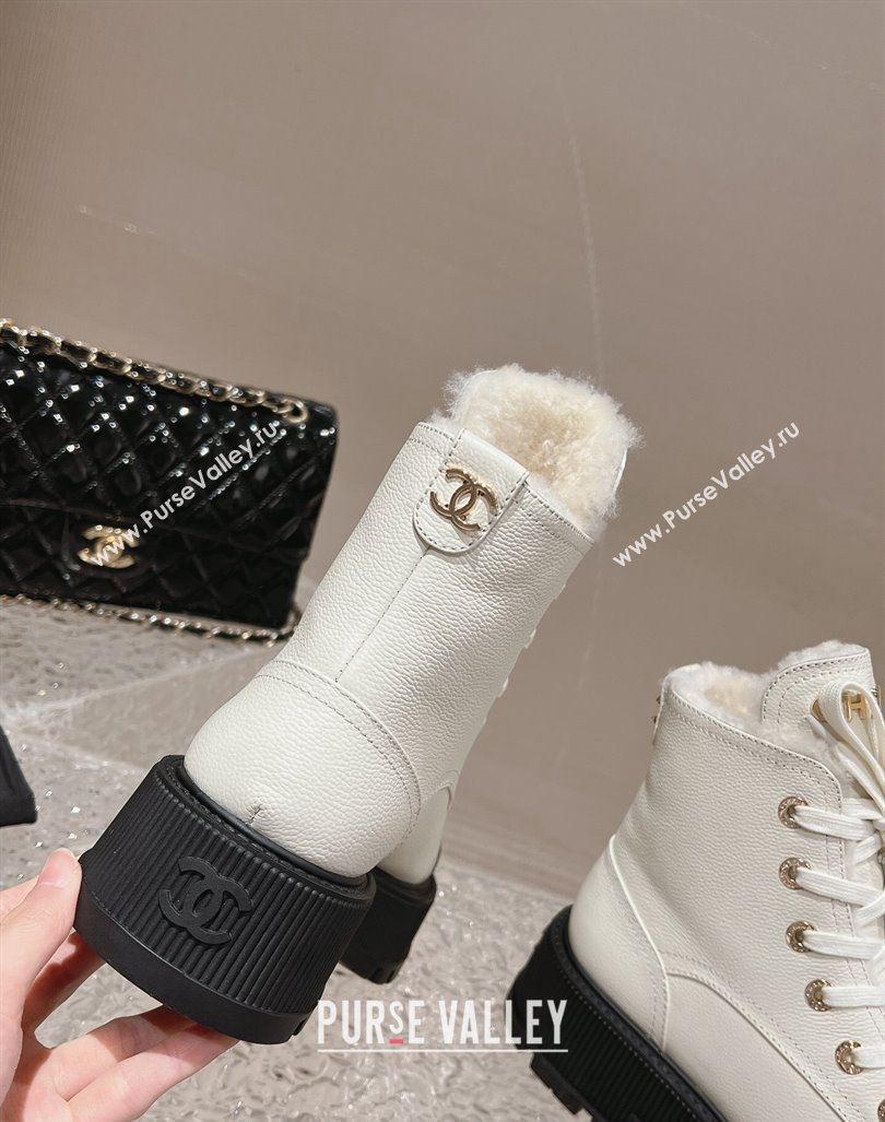 Chanel Calfskin and Wool Lace-up Platform Ankle Boots 5cm White 2024 CH090905 (MD-241015111)