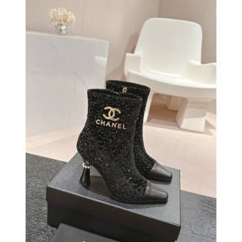 Chanel Tweed and Sequins Ankle Boots with Charms Buckle Strap Black 2024 CH101601 (MD-241016005)