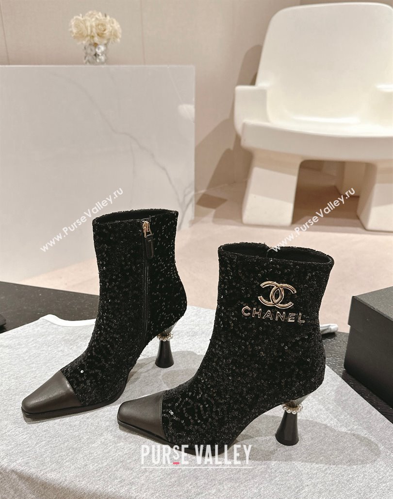 Chanel Tweed and Sequins Ankle Boots with Charms Buckle Strap Black 2024 CH101601 (MD-241016005)