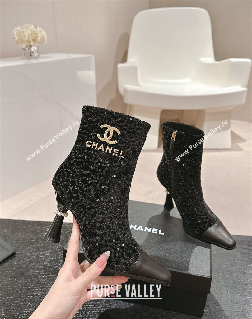 Chanel Tweed and Sequins Ankle Boots with Charms Buckle Strap Black 2024 CH101601 (MD-241016005)