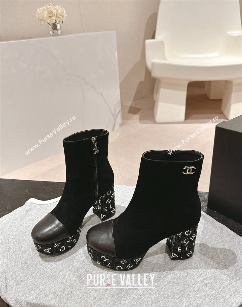 Chanel Suede Calfskin Platform Ankle Boots with Strass Letters Black 2024 CH101606 (MD-241016030)