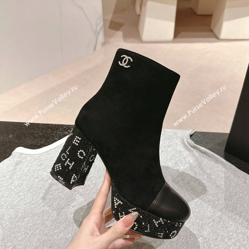 Chanel Suede Calfskin Platform Ankle Boots with Strass Letters Black 2024 CH101606 (MD-241016030)