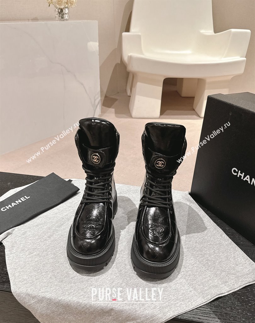 Chanel Shiny Calfskin Platform Lace-up Ankle Boots Black 2024 CH101608 (MD-241016033)