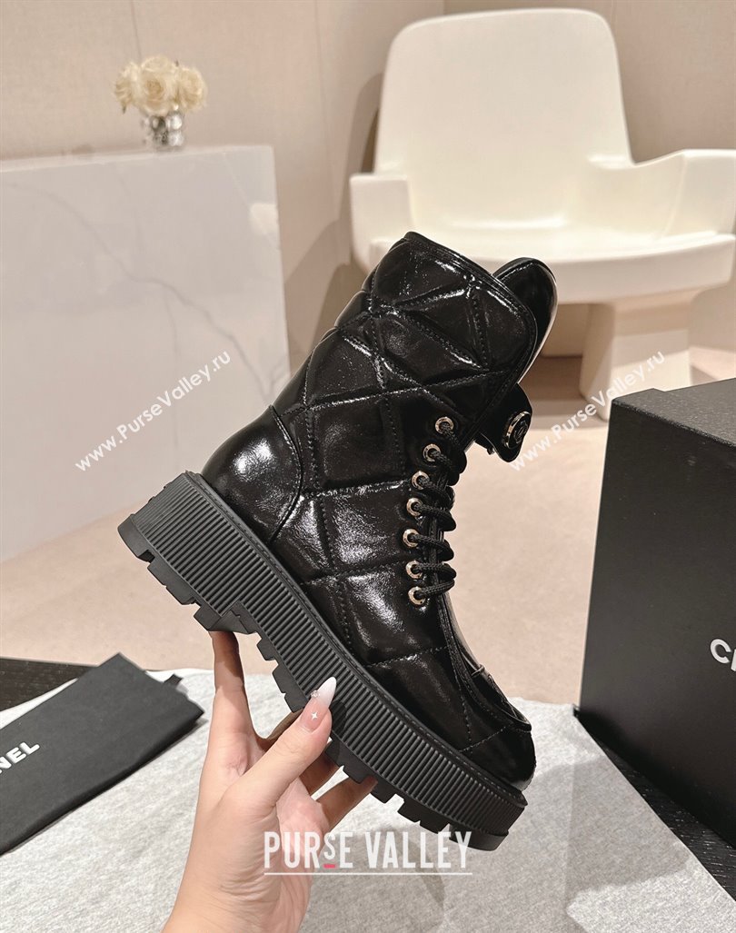 Chanel Shiny Calfskin Platform Lace-up Ankle Boots Black 2024 CH101608 (MD-241016033)