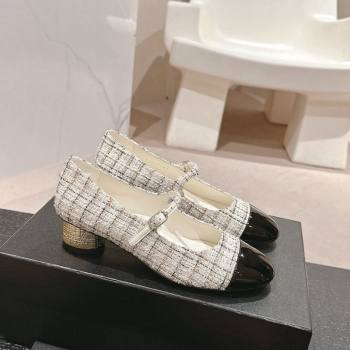 Chanel Tweed Patent Calfskin Mary Janes Pumps 3.5cm G45952 White 2024 (MD-241017003)