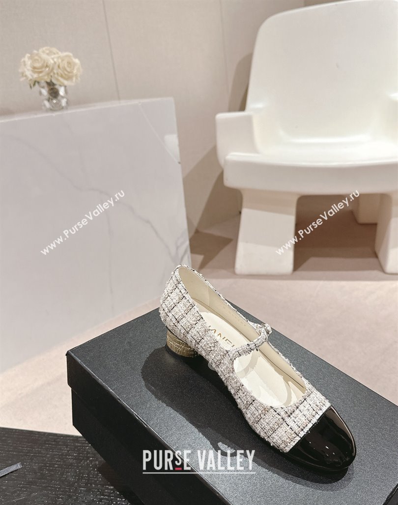 Chanel Tweed Patent Calfskin Mary Janes Pumps 3.5cm G45952 White 2024 (MD-241017003)