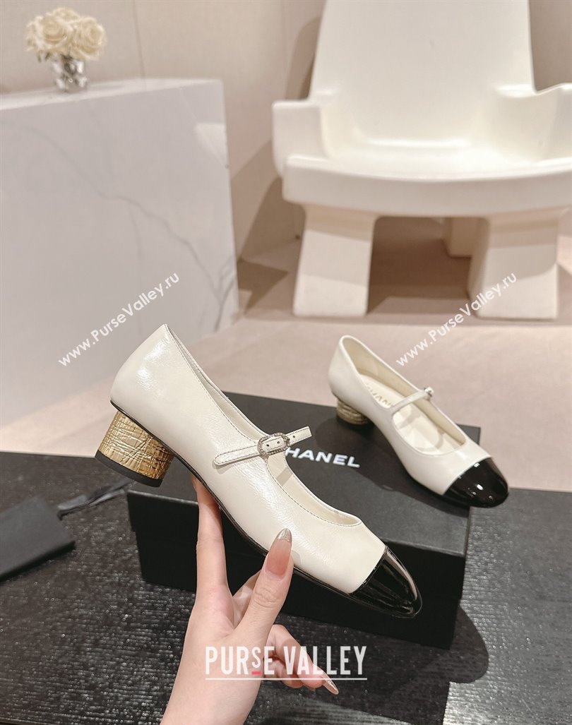 Chanel Shiny Calfskin Patent Mary Janes Pumps 3.5cm G45952 White 2024 (MD-241017005)