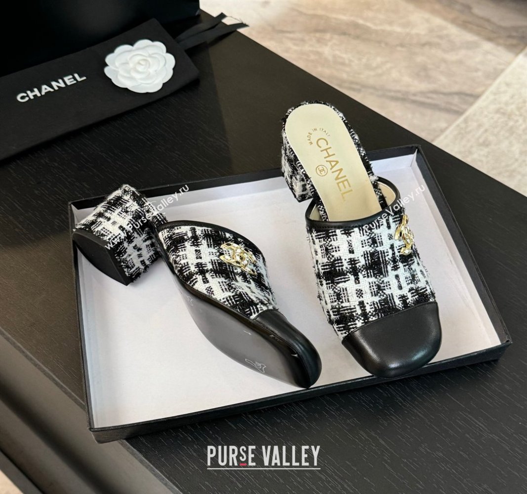 Chanel Tweed and Lambskin Heel Mules 2.5m/4.5cm Black/White 2024 CH101507 (MD-241015101)