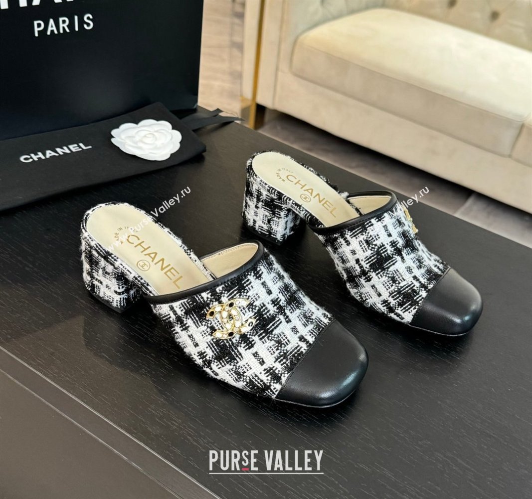 Chanel Tweed and Lambskin Heel Mules 2.5m/4.5cm Black/White 2024 CH101507 (MD-241015101)