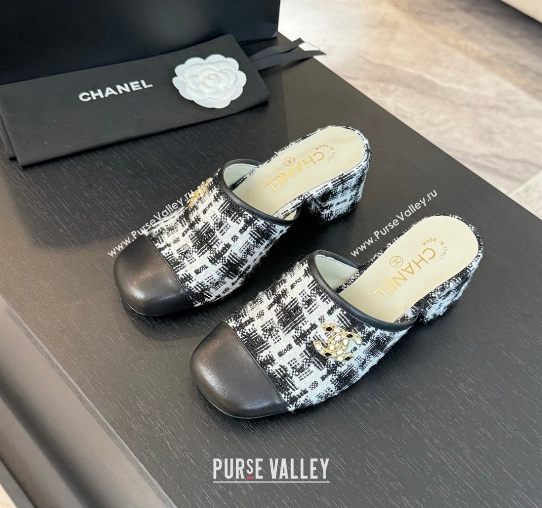 Chanel Tweed and Lambskin Heel Mules 2.5m/4.5cm Black/White 2024 CH101507 (MD-241015101)