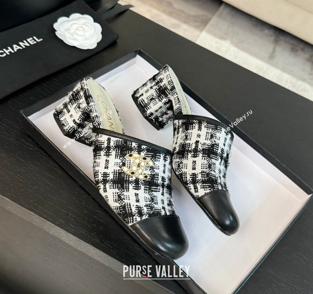 Chanel Tweed and Lambskin Heel Mules 2.5m/4.5cm Black/White 2024 CH101507 (MD-241015101)