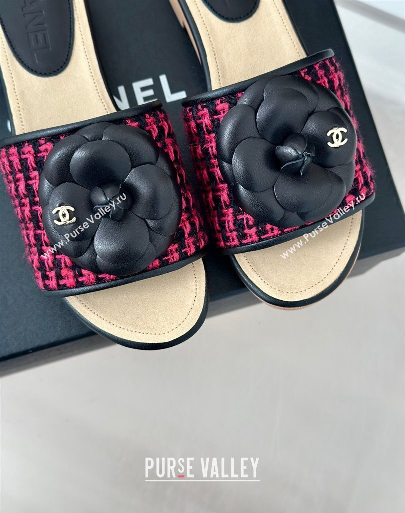 Chanel Tweed Wood Slides Sandal 4cm with Camellia Bloom Dark Pink/Black 2024 CH101717 (KL-241017104)