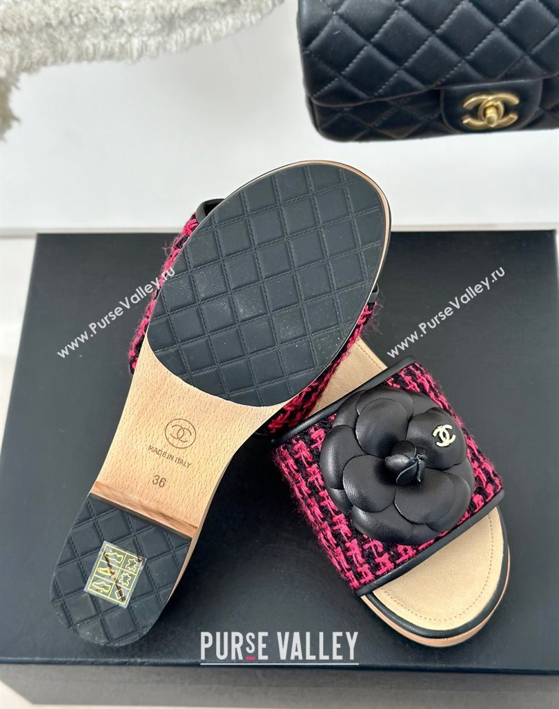 Chanel Tweed Wood Slides Sandal 4cm with Camellia Bloom Dark Pink/Black 2024 CH101717 (KL-241017104)