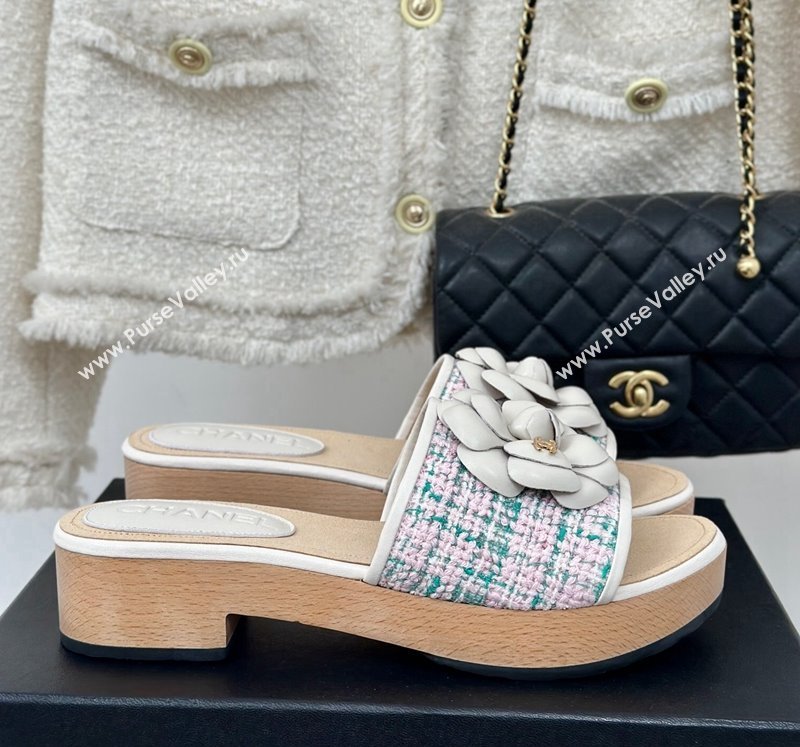 Chanel Tweed Wood Slides Sandal 4cm with Camellia Bloom Pink/Green 2024 CH101717 (KL-241017105)