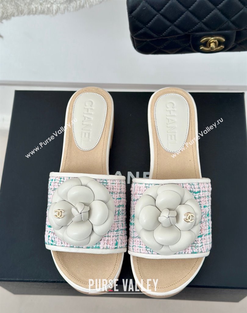 Chanel Tweed Wood Slides Sandal 4cm with Camellia Bloom Pink/Green 2024 CH101717 (KL-241017105)