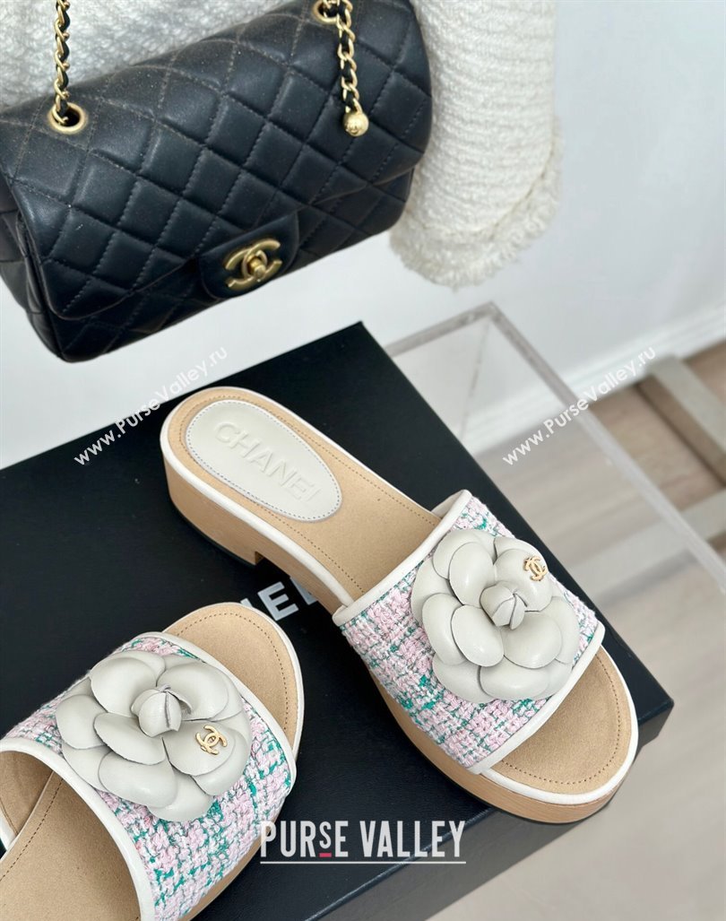 Chanel Tweed Wood Slides Sandal 4cm with Camellia Bloom Pink/Green 2024 CH101717 (KL-241017105)