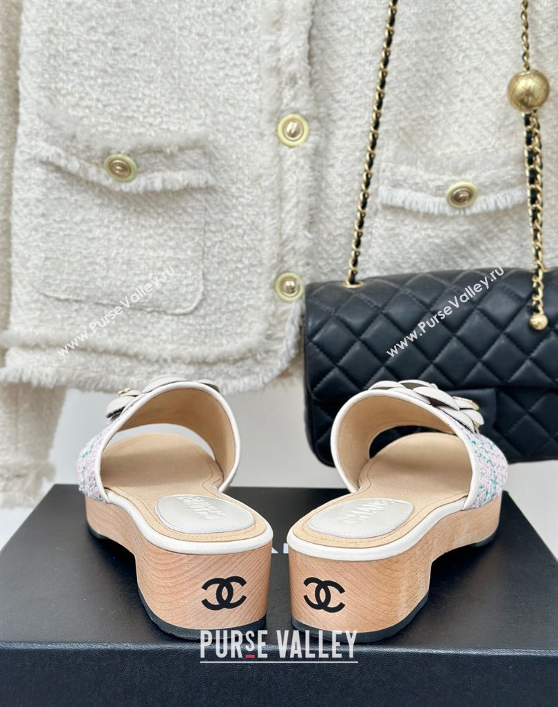 Chanel Tweed Wood Slides Sandal 4cm with Camellia Bloom Pink/Green 2024 CH101717 (KL-241017105)