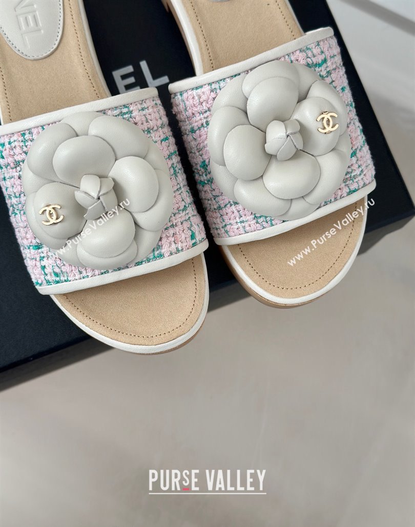 Chanel Tweed Wood Slides Sandal 4cm with Camellia Bloom Pink/Green 2024 CH101717 (KL-241017105)