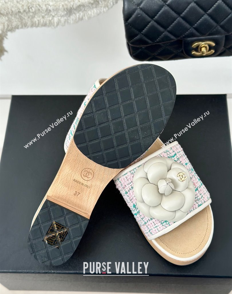 Chanel Tweed Wood Slides Sandal 4cm with Camellia Bloom Pink/Green 2024 CH101717 (KL-241017105)