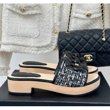 Chanel Tweed Wood Slides Sandal 4cm with Camellia Bloom Black/White 2024 CH101717 (KL-241017106)