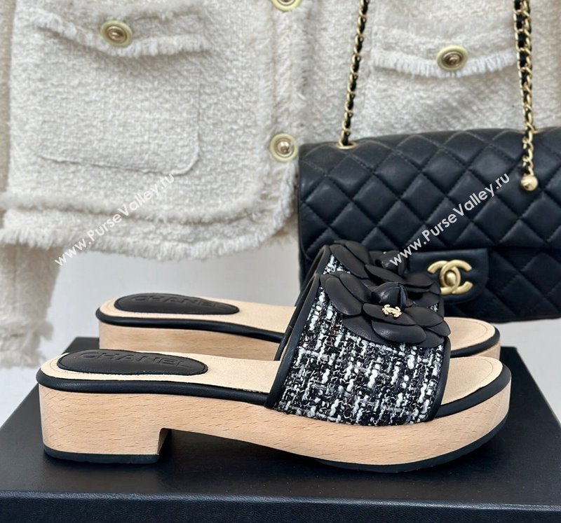 Chanel Tweed Wood Slides Sandal 4cm with Camellia Bloom Black/White 2024 CH101717 (KL-241017106)