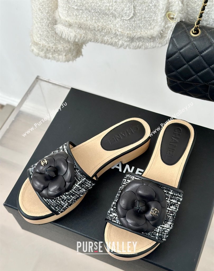 Chanel Tweed Wood Slides Sandal 4cm with Camellia Bloom Black/White 2024 CH101717 (KL-241017106)